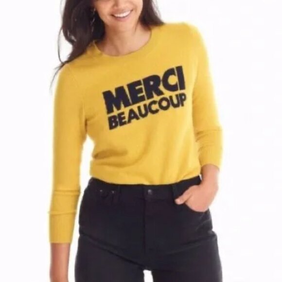 J. Crew Yellow Cashmere Crewneck Sweater Medium Merci Beaucoup Preppy Casual - Picture 1 of 9